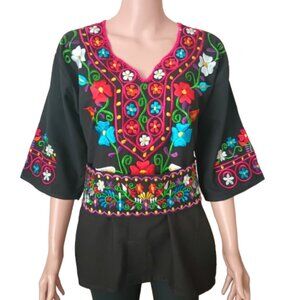 Embroidered Traditional Mexican Blouse S Black Floral with Sash Belt NWT